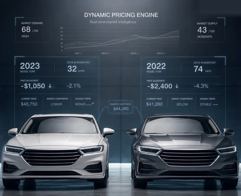 Apex VMS dynamic pricing engine comparing two vehicles against the market average